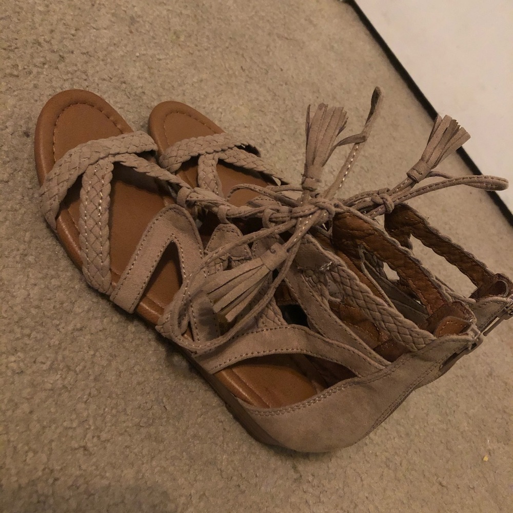 Tan suede lace up gladiator sandals